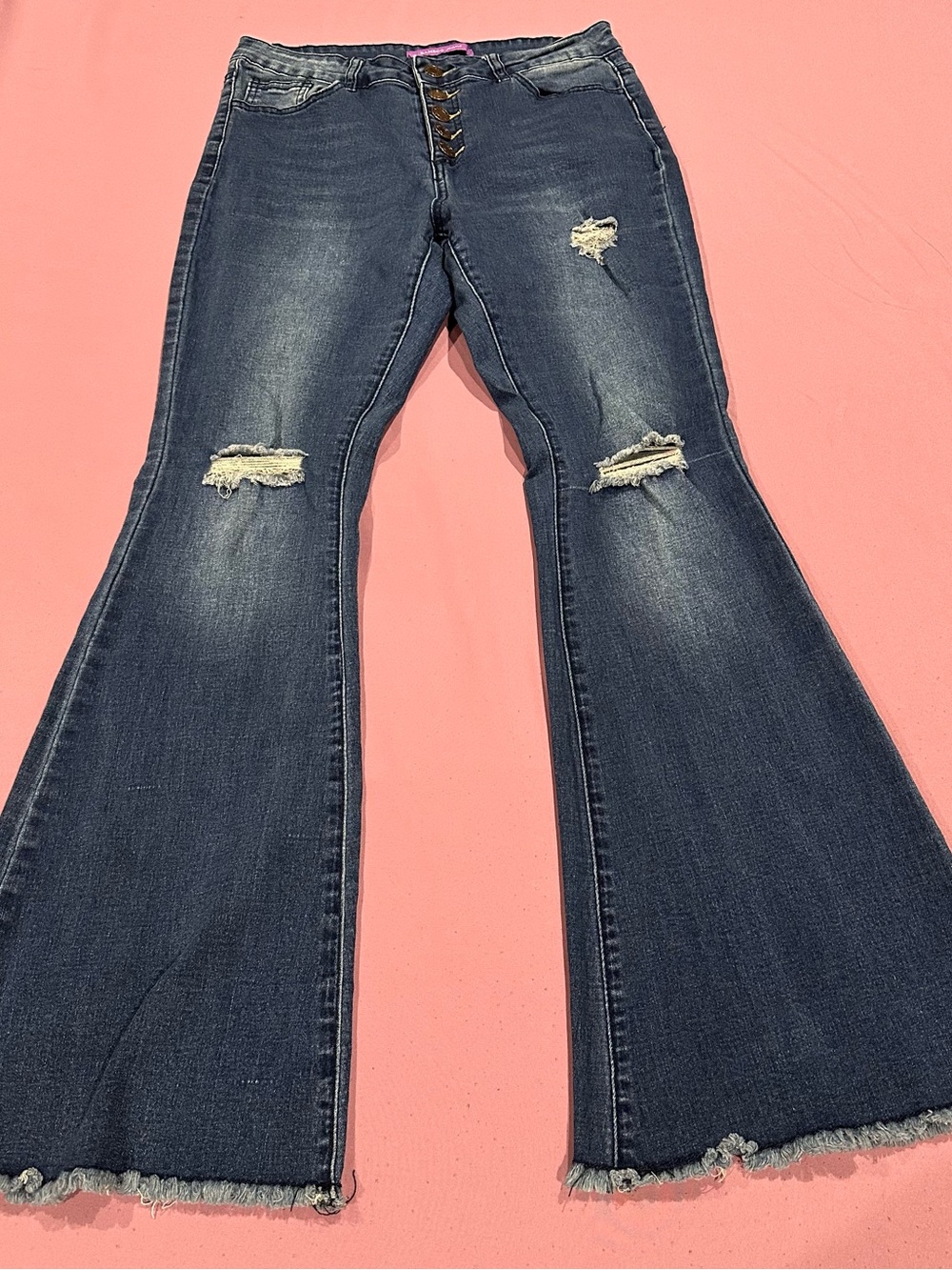 BAMBOO Dark Blue Distressed Flare Jeans with Frayed Hem